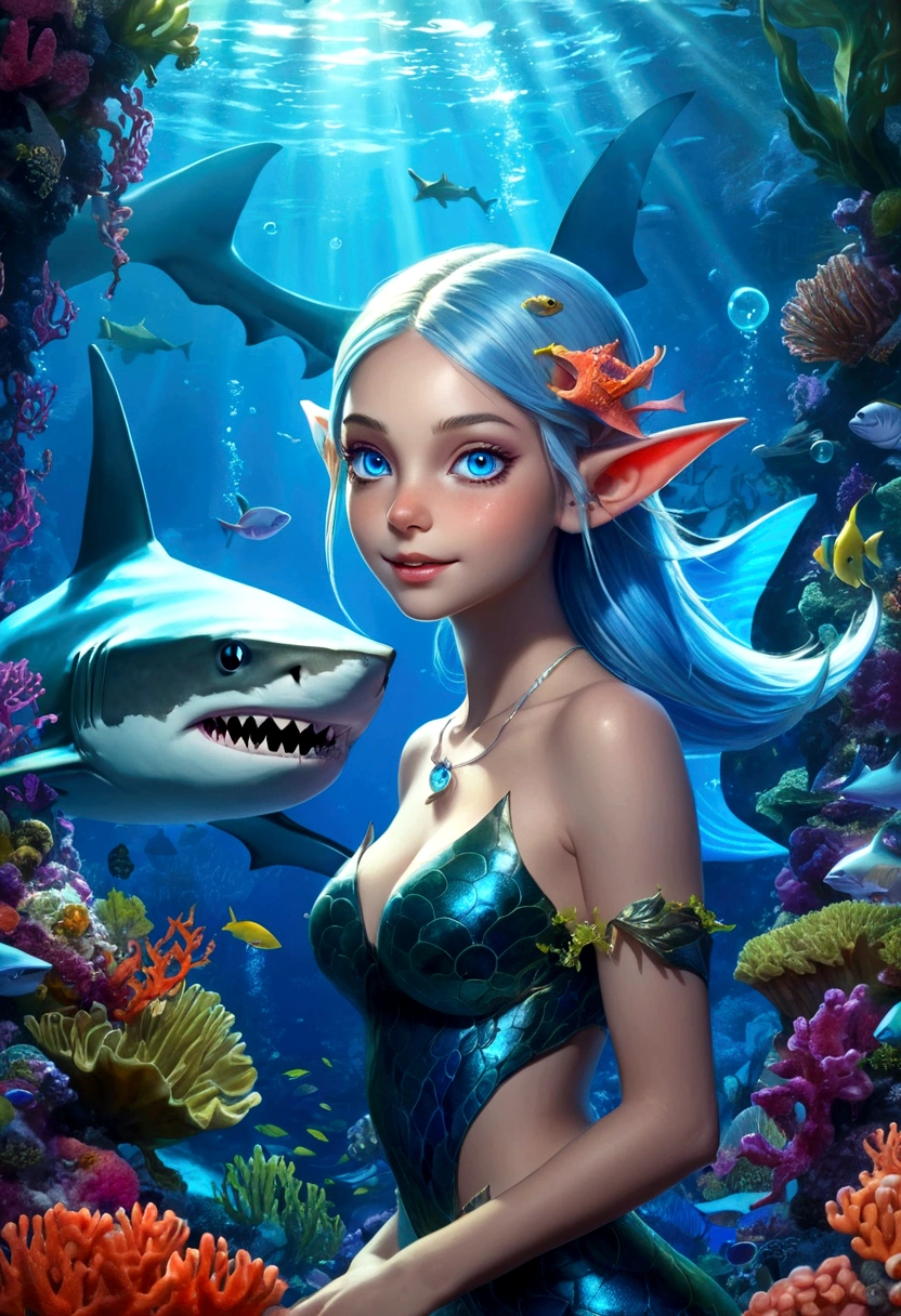 a fantasy shark elf girl with blue eyes, Sharp Fangs, shark fin feature on back, looking back, underwater scene, bioluminescent plants, coral reef, glowing anemones, dramatic lighting, colorful fish, photorealistic, intricate details, cinematic composition, vibrant blues and greens, seamless integration of fantasy and realism, masterpiece,Dream bubbles