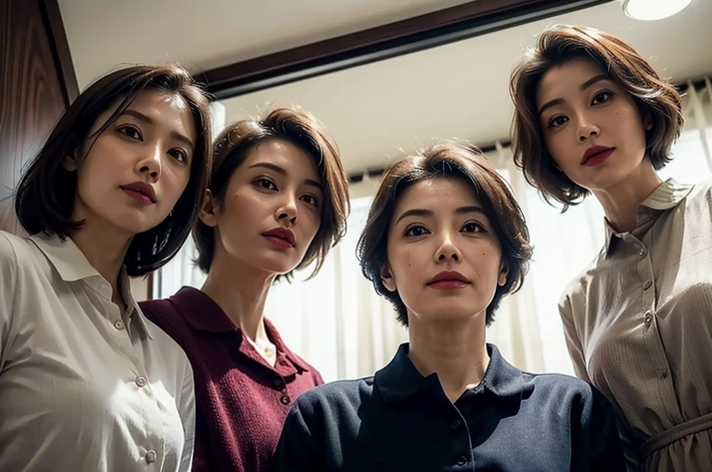 (masterpiece : 1.5), (3 woman : 1.5), (looking down at viewer : 1.3), (view from below : 1.3), (3 woman standing side by side : 1.3), (they are all 68 years old : 1.3), beautiful mother, (they all have face wrinkles : 1.3), (smirking : 1.3), (Each has a different hairstyle), (they all are wearing tight collared shirt : 1.3), (Each has a different size of breasts),(in a small fitting room : 1.3), (they all are same height : 1.1), pores, skin blemishes, fleckles, realistic detailed skin, (focus on the chest from below : 1.2)