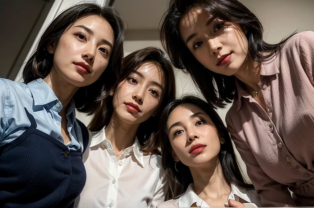 (masterpiece : 1.5), (3 woman : 1.5), (looking down at viewer : 1.3), (view from below : 1.3), (3 woman standing side by side : 1.3), (they are all 68 years old : 1.3), beautiful mother, (they all have face wrinkles : 1.3), (smirking : 1.3), (Each has a different hairstyle), (they all are wearing tight collared shirt : 1.3), (Each has a different size of breasts),(in a small fitting room : 1.3), (they all are same height : 1.1), pores, skin blemishes, fleckles, realistic detailed skin, (focus on the chest from below : 1.2)