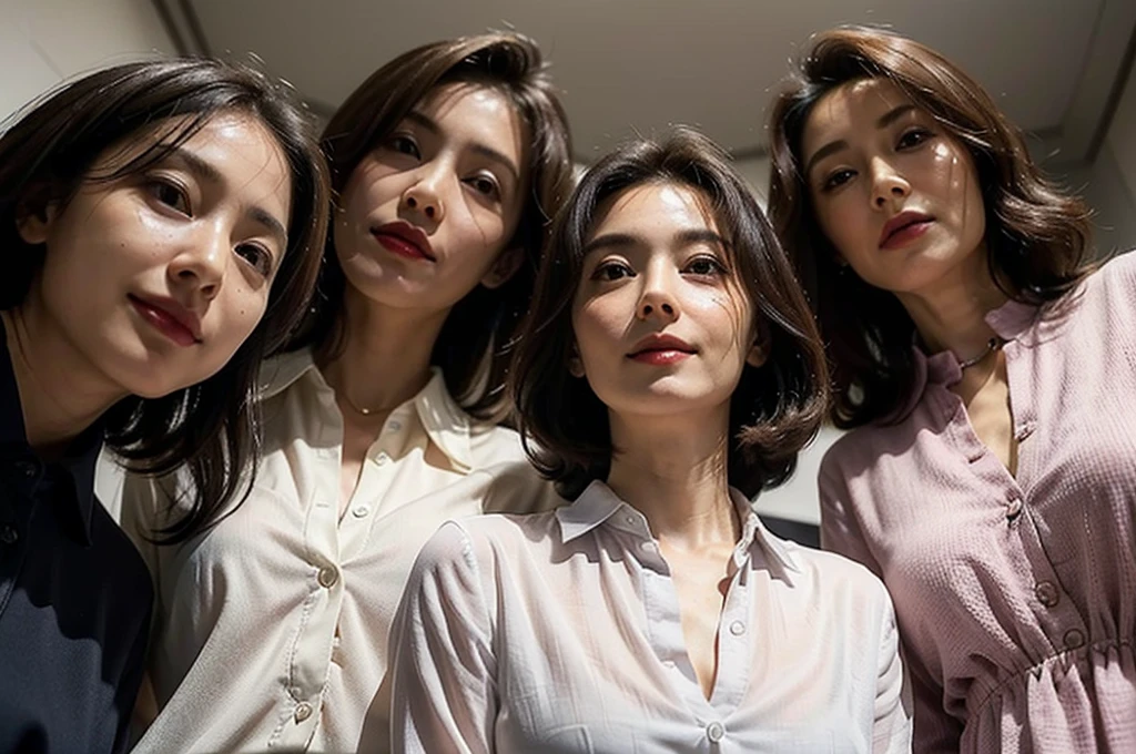 (masterpiece : 1.5), (3 woman : 1.5), (looking down at viewer : 1.3), (view from below : 1.3), (3 woman standing side by side : 1.3), (they are all 68 years old : 1.3), beautiful mother, (they all have face wrinkles : 1.3), (smirking : 1.3), (Each has a different hairstyle), (they all are wearing tight collared shirt : 1.3), (Each has a different size of breasts),(in a small fitting room : 1.3), (they all are same height : 1.1), pores, skin blemishes, fleckles, realistic detailed skin, (focus on the chest from below : 1.2)