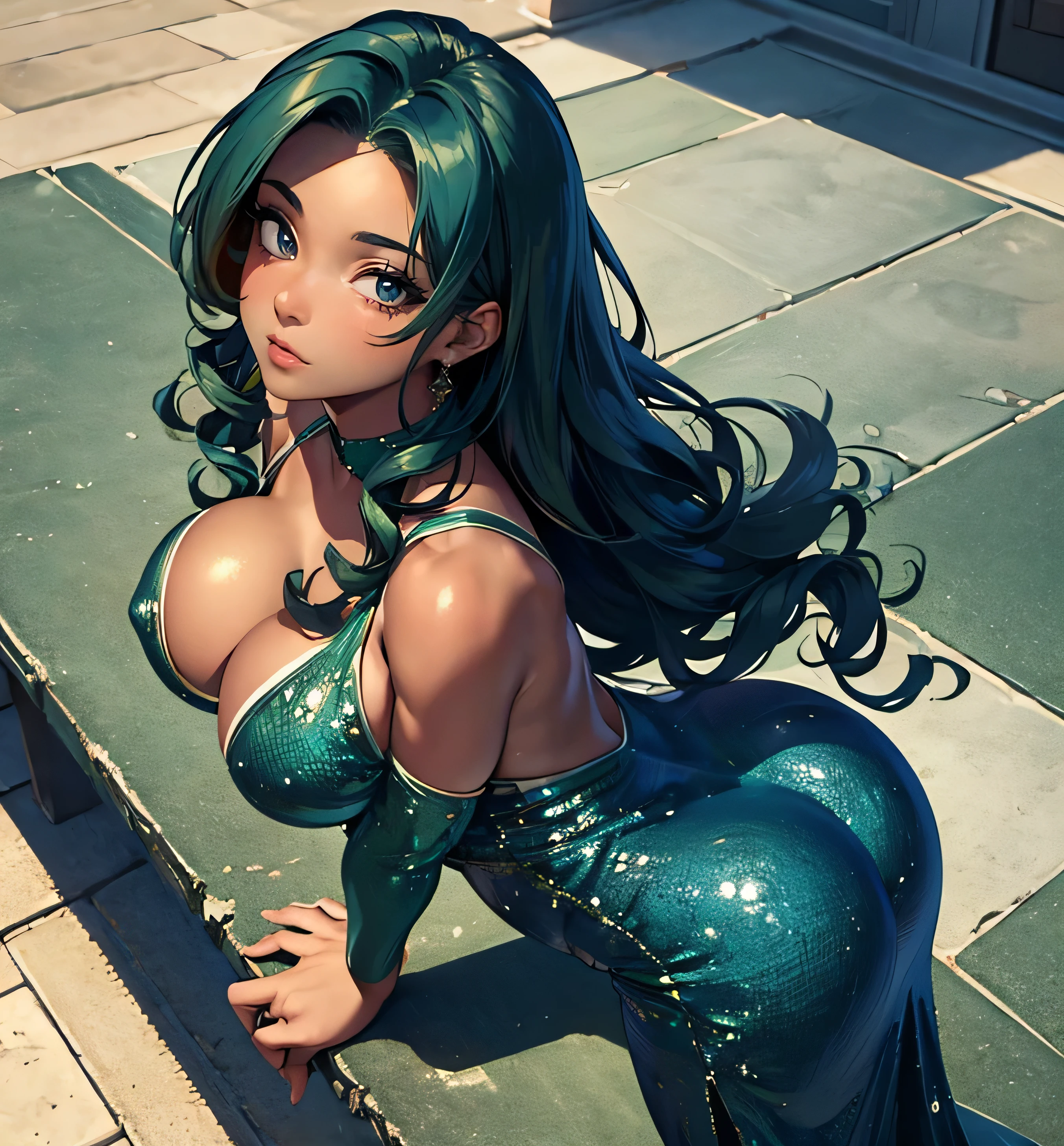 (masterpiece, best quality:1.3), (from above:1.3), perfect face, expressive eyes, 1girl, looking at viewer, 19 years old, (slim body, large breast) triple D cup breasts, bubbly ass, round buttocks,beautiful face,solo,, dark skin, green hair, long curly hair 