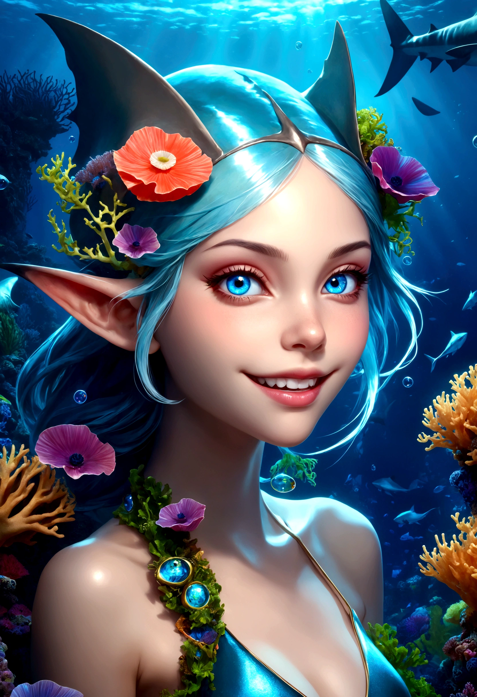 a fantasy shark elf girl with blue eyes, Sharp Fangs, shark fin feature on back, looking back, underwater scene, bioluminescent plants, coral reef, glowing anemones, dramatic lighting, colorful fish, photorealistic, intricate details, cinematic composition, vibrant blues and greens, seamless integration of fantasy and realism, masterpiece，Dream bubbles