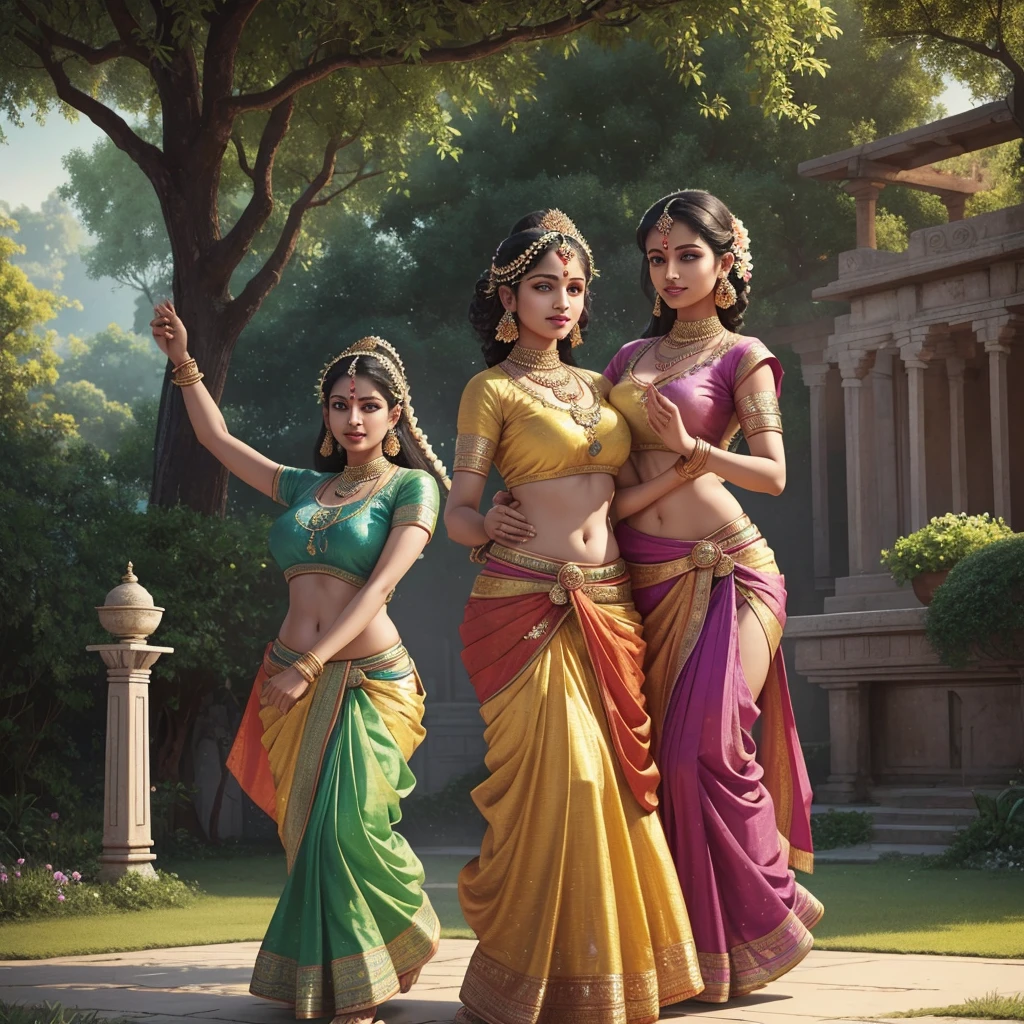 two women in saris are dancing in a garden, indian art, painting of beautiful, beautiful women, a beautiful artwork illustration, beautiful depiction, beautiful goddess, beautiful digital artwork, godesses, hindu art, beautiful painting of friends, goddess art, beautiful godrays, dancers, godess, indian goddess, hindu aesthetic, beautiful art uhd 4 k, big chest