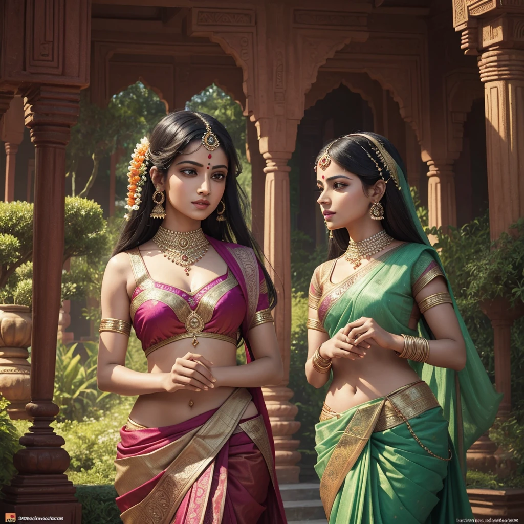 two women in saris are dancing in a garden, indian art, painting of beautiful, beautiful women, a beautiful artwork illustration, beautiful depiction, beautiful goddess, beautiful digital artwork, godesses, hindu art, beautiful painting of friends, goddess art, beautiful godrays, dancers, godess, indian goddess, hindu aesthetic, beautiful art uhd 4 k, big chest 