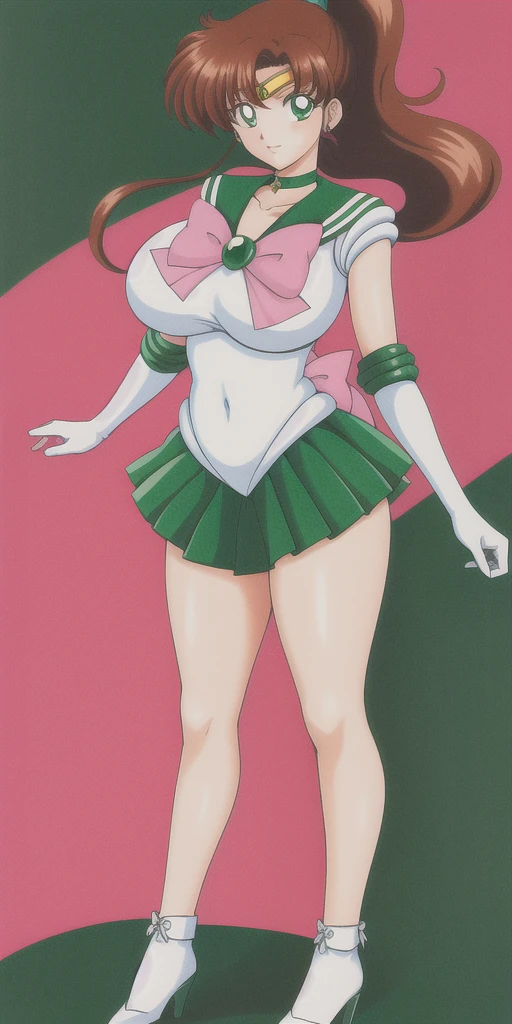 kino_makoto, huge_breasts, standing, solo, White_leotard_Green_sailor_collar_Green_miniskirt_White_gloves_Green_choker_Pink_bowtie_Pink_back_bow_Circlet_Green_brooch_Short_sleeves, masterpiece, best quality, detailed face, detailed eyes, highres, full body, hands down