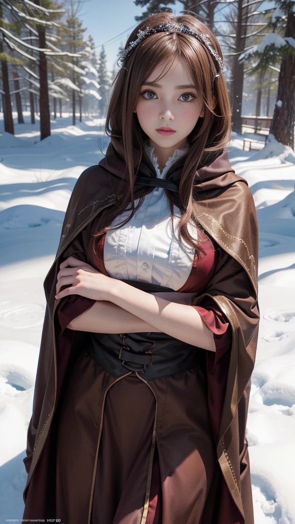 (8K),Photorealistic, high resolution, 1 Woman, Solo, (ta costume), Beautiful eyes, Brown hair, ringed eyes, (sitted,Cloak,Cover with snow),snowfield,