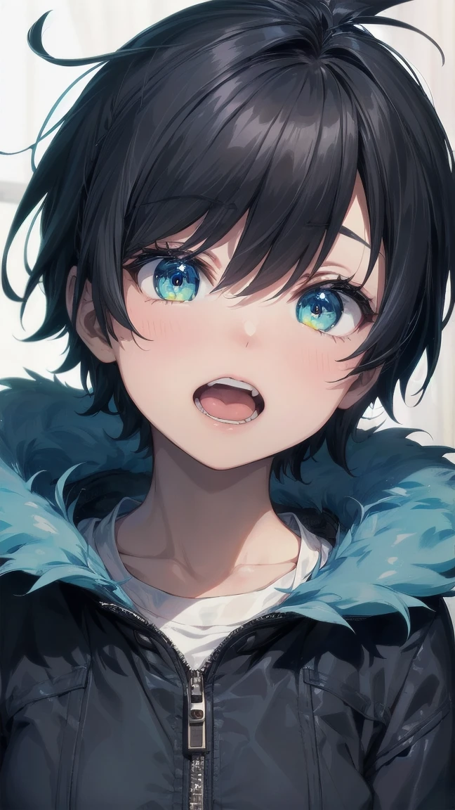 Close-up of a cartoon girl with blue hair and a yellow shirt, 2D Animation, 2D Animation style, 2D Art, 2D Art, 2D from Gorillaz, 2D from Gorillaz, 2D Gorillaz, Screaming Cerket, 2D Sprites, Jinx Face, short hair, Small breasts, hot pants, ((Black Hair, Bright blue fur inside:1.4))