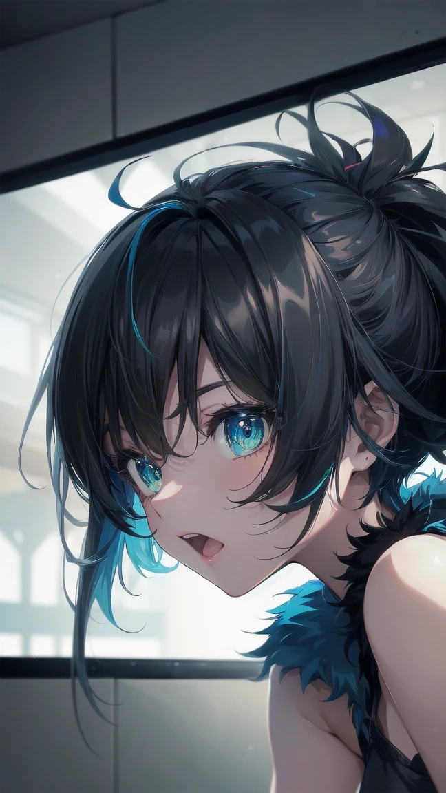 Close-up of a cartoon girl with blue hair and a yellow shirt, 2D Animation, 2D Animation style, 2D Art, 2D Art, 2D from Gorillaz, 2D from Gorillaz, 2D Gorillaz, Screaming Cerket, 2D Sprites, Jinx Face, short hair, Small breasts, hot pants, ((Black Hair, Bright blue fur inside:1.4))