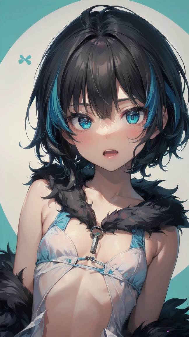 Close-up of a cartoon girl with blue hair and a yellow shirt, 2D Animation, 2D Animation style, 2D Art, 2D Art, 2D from Gorillaz, 2D from Gorillaz, 2D Gorillaz, Screaming Cerket, 2D Sprites, Jinx Face, short hair, Small breasts, hot pants, ((Black Hair, Bright blue fur inside:1.4))