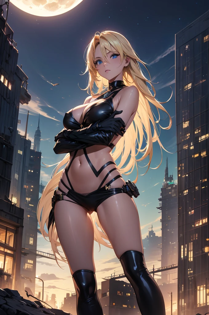 atmosfera the noite chuvoso sombria in anime 4D tinta óleo A post-apocalyptic Fallout-themed magazine cover illustration power fenix girl sexy full blonde Pamela Anderson + Elza frozen fire black power immersed in the resplendence of the setting moon in surreal Ghibli-style watercolor, she finds her gaze projected towards a cityscape on the horizon, aesthetic elements borrowed from the likes of urban flora emerging sparsely suggesting an atmosphere of desolation yet intriguing, motion stilled