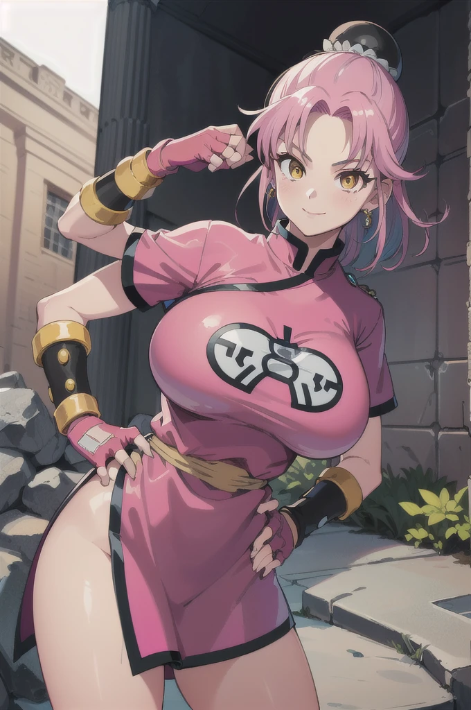 ((masterpiece, best quality:1.1), maam, dragon quest, 1girl,  solo, large breasts, fingerless gloves, pink gloves, fingerless gloves, pink gloves, chinese clothes, red dress, ribbon, pink hair, yellow eyes, Big Breasts:1.6, parted bang, bun cover, smile, hand on hip, coliseum 