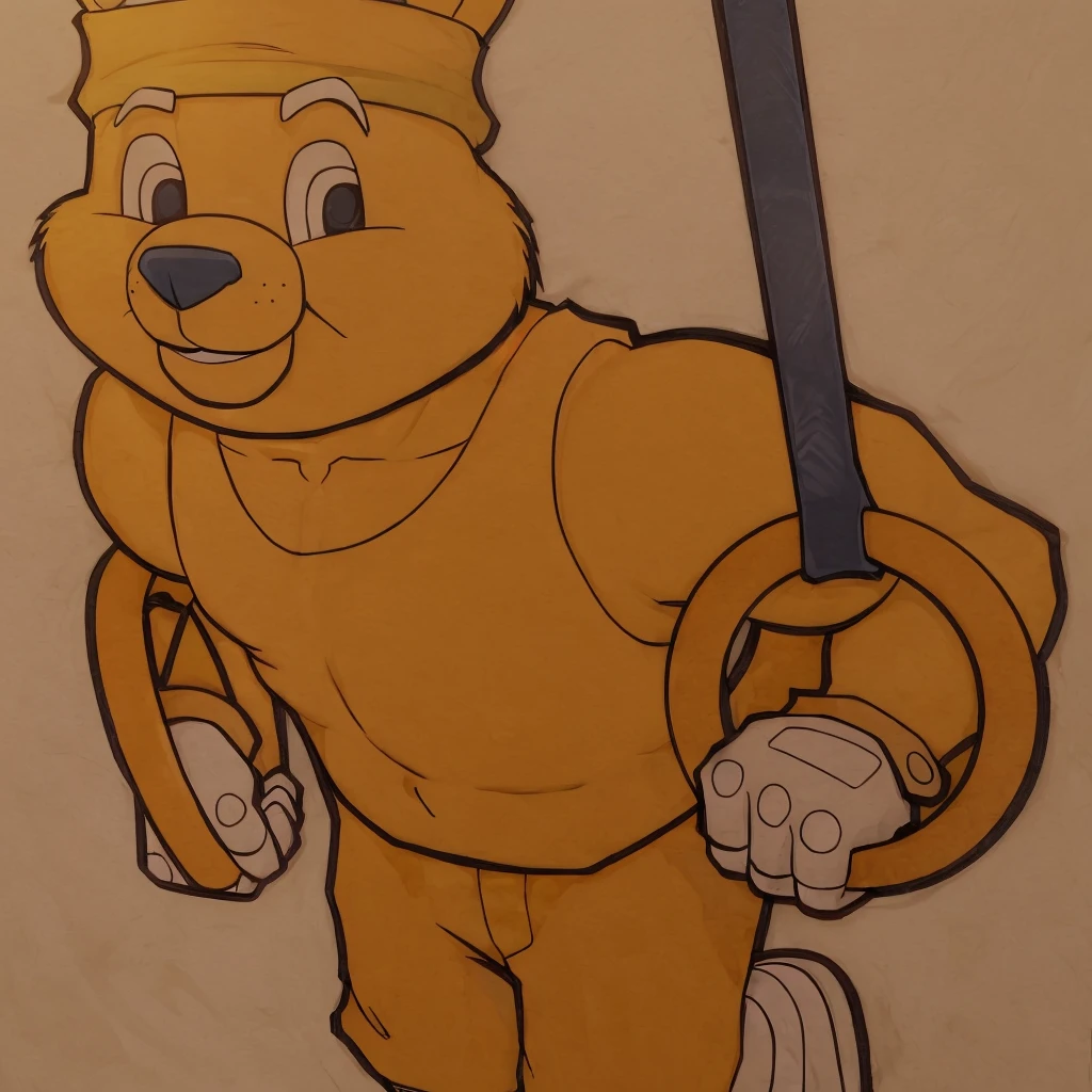 A cartoon bear doing crossfit exercises on ring rows, held nike jordan, headband on head, mitts