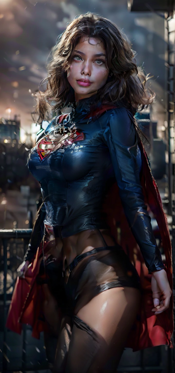 kate, Short black hair with blue highlights, gazing at viewer, blue colored eyes, perfectbody, illustration of Raven from DC Comics, 1 girl, voluptuous, amazing detailed big booty, Supergirl, high collar, collant preto, black cloack,, , shorth hair, waist belt, stretched skin, standing, neckleace, toned, pose, natta, moonlights, ((posando)), motion lines, trunk, trunk, portraite, b&au. contour, no anime taro card art style, chic, glamorous, reflection, Glow Up, shadowing, pantyhose 40 dinier, mic, hood down, grin, red lips, Hyperrealism, chromatic aberration, cowboy shot, masterpiece, accurate, textured skin, highres, 8K