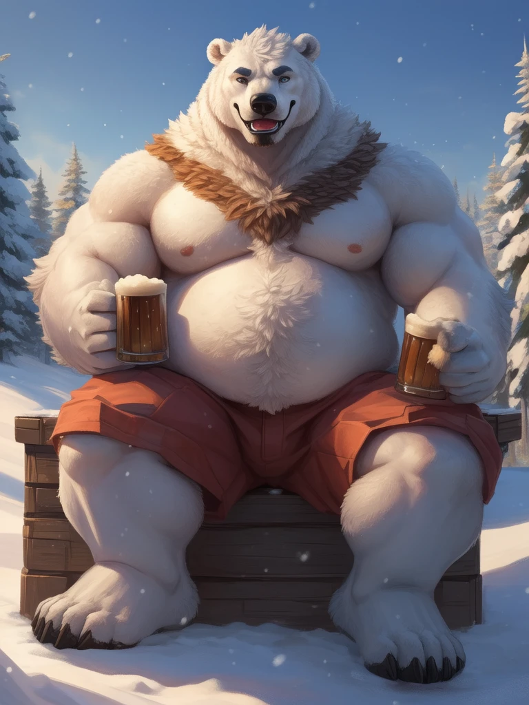 lucusold, lanxus, a man with a huge belly, furry white bear, polar bear, fat ripped:1.2, chubby, more chubby, smile, sitting in Terance, Atlantic, snow, beer, muacular, pectoral, holding beer, thicc, lowres, giant and fat, danbooru and artstation, heavy detailed, insanely inflated hips, topless, shorts, proportionally arms, fluffy chest, commission for high res, detailed but rough, semirealistic:1.3