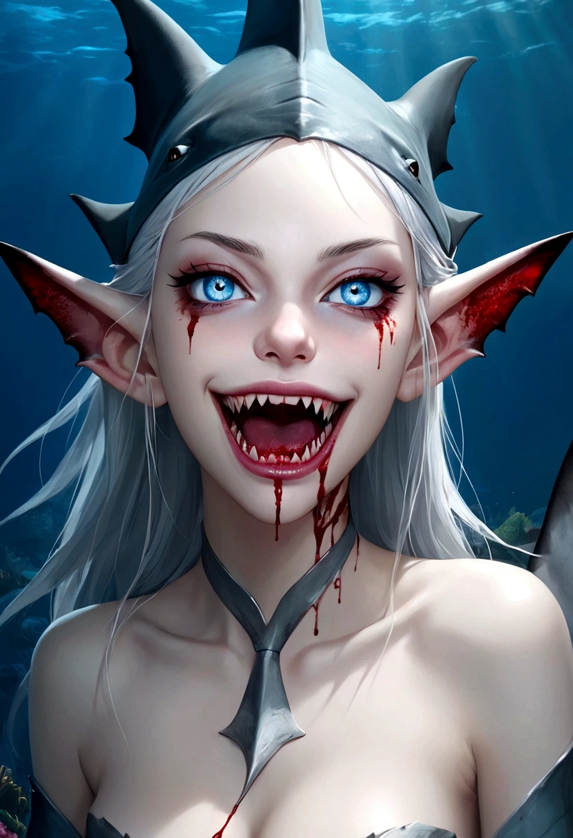 Fantasy Undersea,Shark Elf Girl,blue eyes,Sharp Fangs,Shark fin feature on back,look back,Blood stains at the corners of mouth