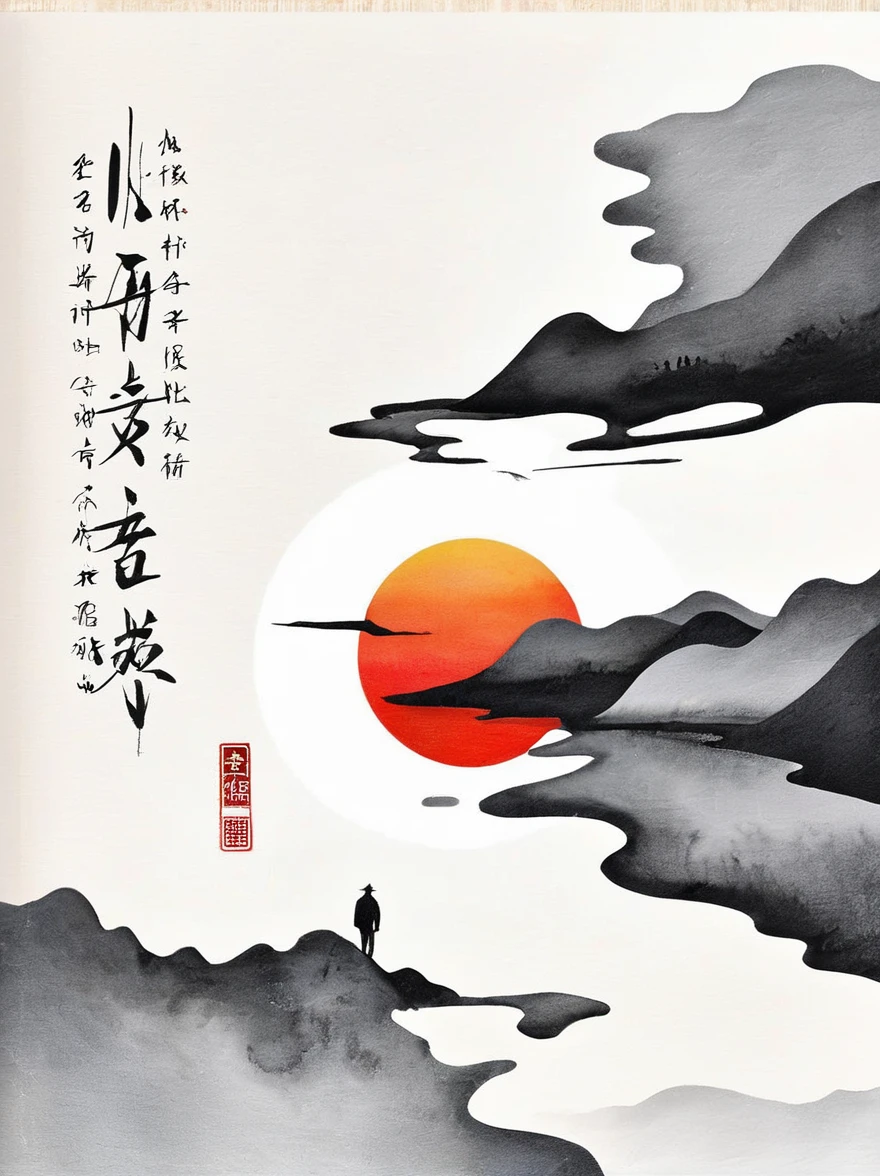 中国Ink Painting, Gray and White, Minimum, Wire, White background,The Trail, Minimalism, Wire性风格, Huge negative space, Ink Painting, Abstract,Blood-stained sunset,solitary Man