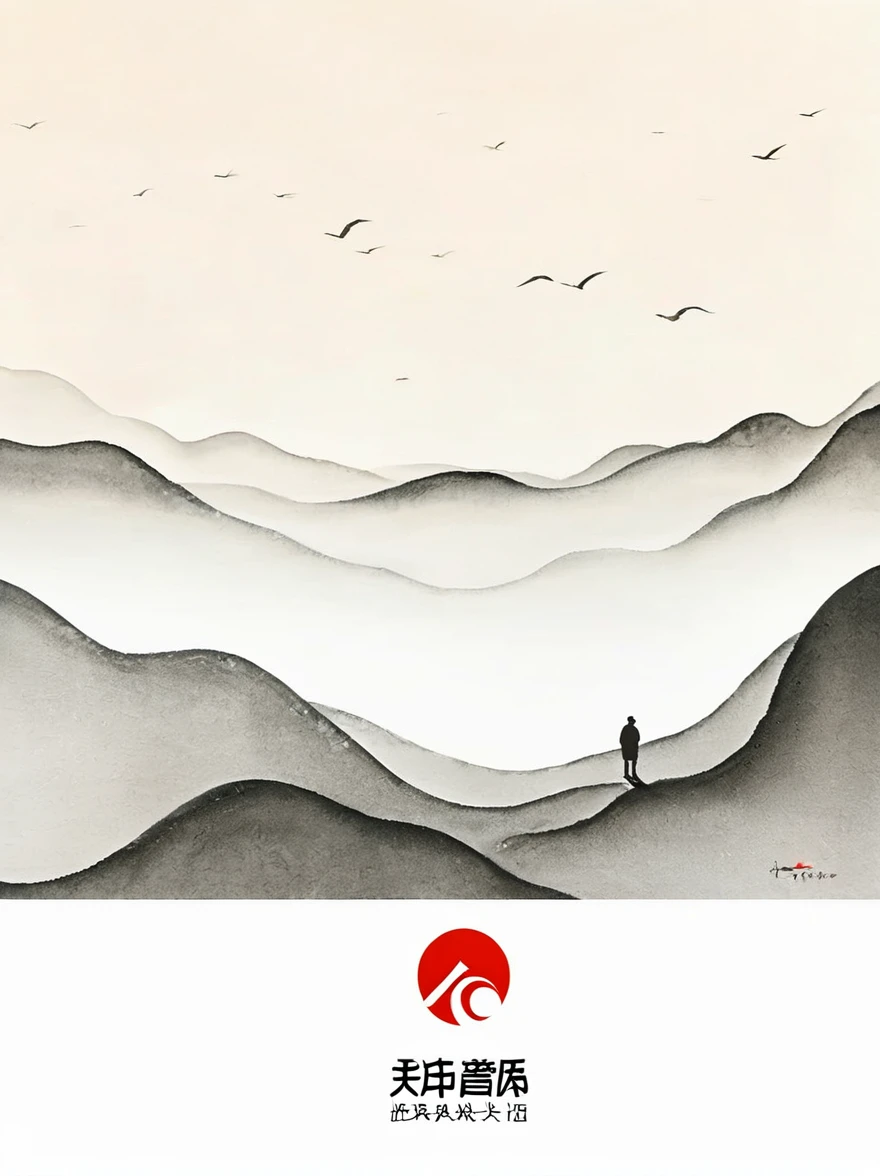 中国Ink Painting, Gray and White, Minimum, Wire, White background,The Trail, Minimalism, Wire性风格, Huge negative space, Ink Painting, Abstract,Blood-stained sunset,solitary Man