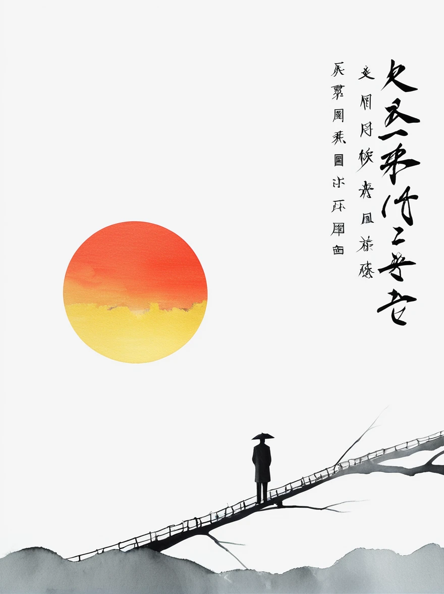 中国Ink Painting, Gray and White, Minimum, Wire, White background,The Trail, Minimalism, Wire性风格, Huge negative space, Ink Painting, Abstract,Blood-stained sunset,solitary Man