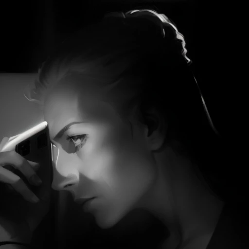 there is a statue of a woman holding a cell phone, chiaroscuro portrait, drawn in a noir style, chiaroscuro!!, digital drawing, drawn in a neo - noir style, mostly greyscale, hard light digital painting, chiaroscuro, an expressive digital painting, film noir realistic, sad man, sultry digital painting