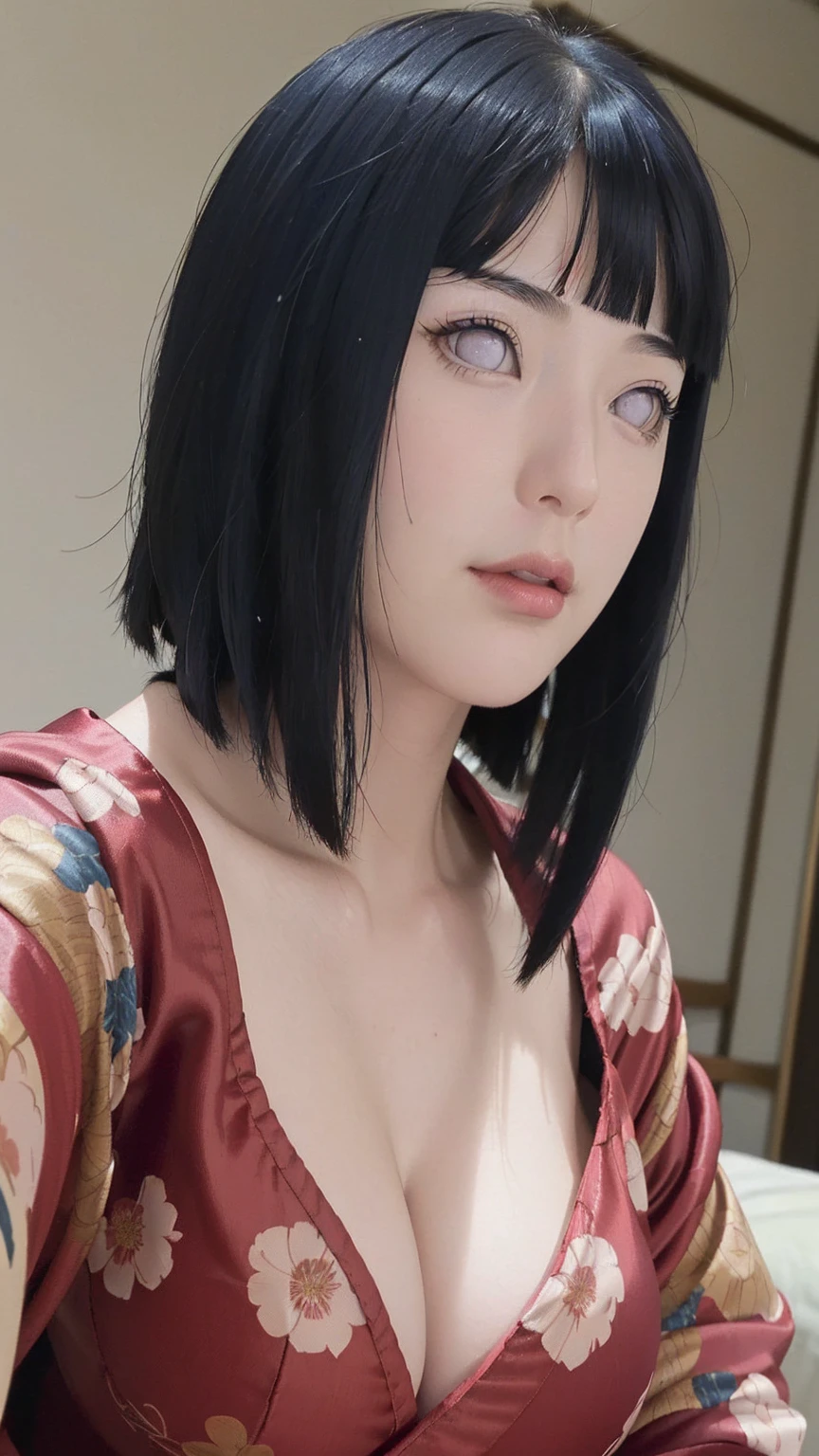 masterpiece, hinata\(boruto\), 1girl, mature women, (((Red floral satin kimono with spaghetti strap top))), (((Selfie))), (((Close-up photo))), (((Closed Clothing))), (((cleavage))), (((big breasts))), (((big round breasts))), (((round breasts))), (((extremely heavy breasts))), (((heavy breasts))), (((plump breasts))), (((perfect breasts))), (shy face), detailed lips, beautiful face, blush, (pink lips), (((long hair))), white eyes, gentle gaze, smile, super realistic, detailed, realistic face and body, realistic hair, realistic eyes, realistic nose, realistic lips, seductive pose, (((straight bangs))), (dark blue hair), 28 year old girl