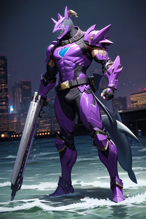 ((best quality)), ((masterpiece)), (detailed), 1 male, full body, 25 years old, masked, purple mask, smooth head, mask covering his mouth, 1 shark fin on his head, diving mask, angry expression, black collar, tall and strong, very athletic, shark fins, grey details, shark head, shark suit, purple fingerless gloves, purple wristbands, water cannons, shooting water from the wrists, purple suit resembling light armor, purple armor with an emblem, green fly emblem on his chest, green emblem, purple pants, shark tail, blue knee pads, metallic purple boots, black superhero belt, standing on a pier by the sea, night city background, anime, shark armor