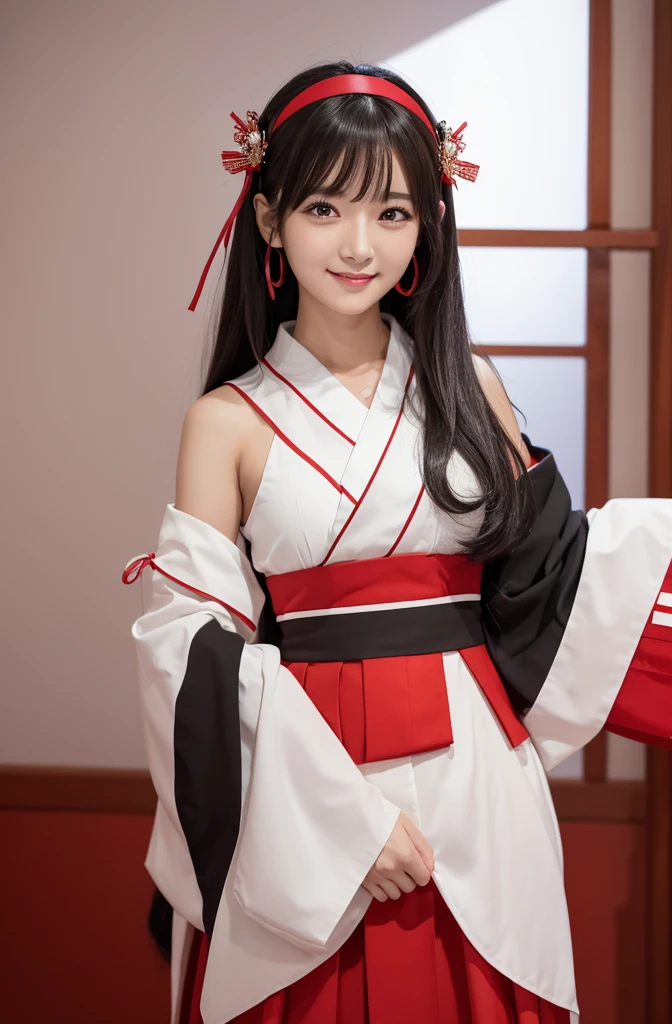 Highest quality, masterpiece, High resolution, 一人in, {Aaron_Kantai Collection:1.15}, black_hair, length_hair, hair_ornament, hairband, brown_eye, hairclip, red面, smile, headgear, chest, Non-traditional_Shrine maiden, hair_between_eye, One Girl, independent_sleeve, Japanese_Clothes, Looking_in_audience, red_skirt, ribbon-trimmed_sleeve, ribbon_trim, skirt, just_shoulder, Simple_background, white_background, Open_mouth, sarashi, wide_sleeve, ((オフィスbackground, リビングbackground))