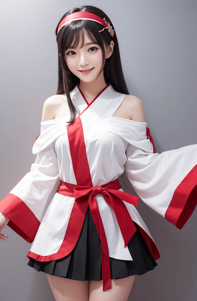 Highest quality, masterpiece, High resolution, 一人in, {Aaron_Kantai Collection:1.15}, black_hair, length_hair, hair_ornament, hairband, brown_eye, hairclip, red面, smile, headgear, chest, Non-traditional_Shrine maiden, hair_between_eye, One Girl, independent_sleeve, Japanese_Clothes, Looking_in_audience, red_skirt, ribbon-trimmed_sleeve, ribbon_trim, skirt, just_shoulder, Simple_background, white_background, Open_mouth, sarashi, wide_sleeve, ((オフィスbackground, リビングbackground))