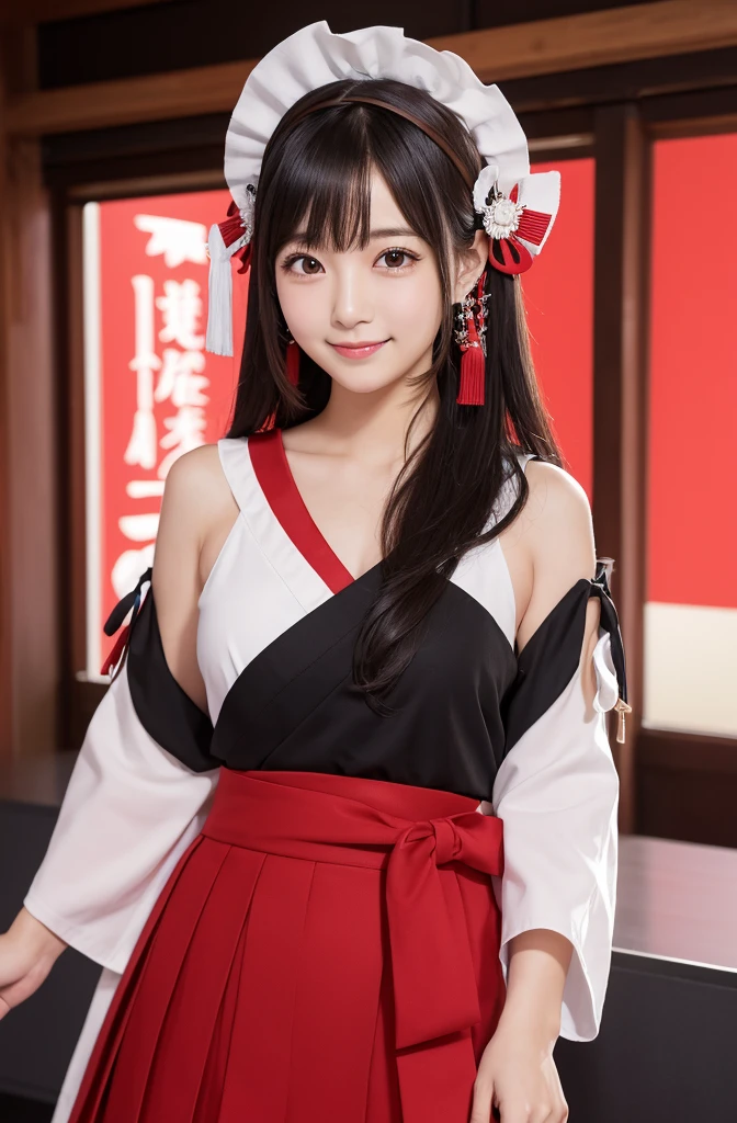 Highest quality, masterpiece, High resolution, 一人in, {Aaron_Kantai Collection:1.15}, black_hair, length_hair, hair_ornament, hairband, brown_eye, hairclip, red面, smile, headgear, chest, Non-traditional_Shrine maiden, hair_between_eye, One Girl, independent_sleeve, Japanese_Clothes, Looking_in_audience, red_skirt, ribbon-trimmed_sleeve, ribbon_trim, skirt, just_shoulder, Simple_background, white_background, Open_mouth, sarashi, wide_sleeve, ((オフィスbackground, リビングbackground))