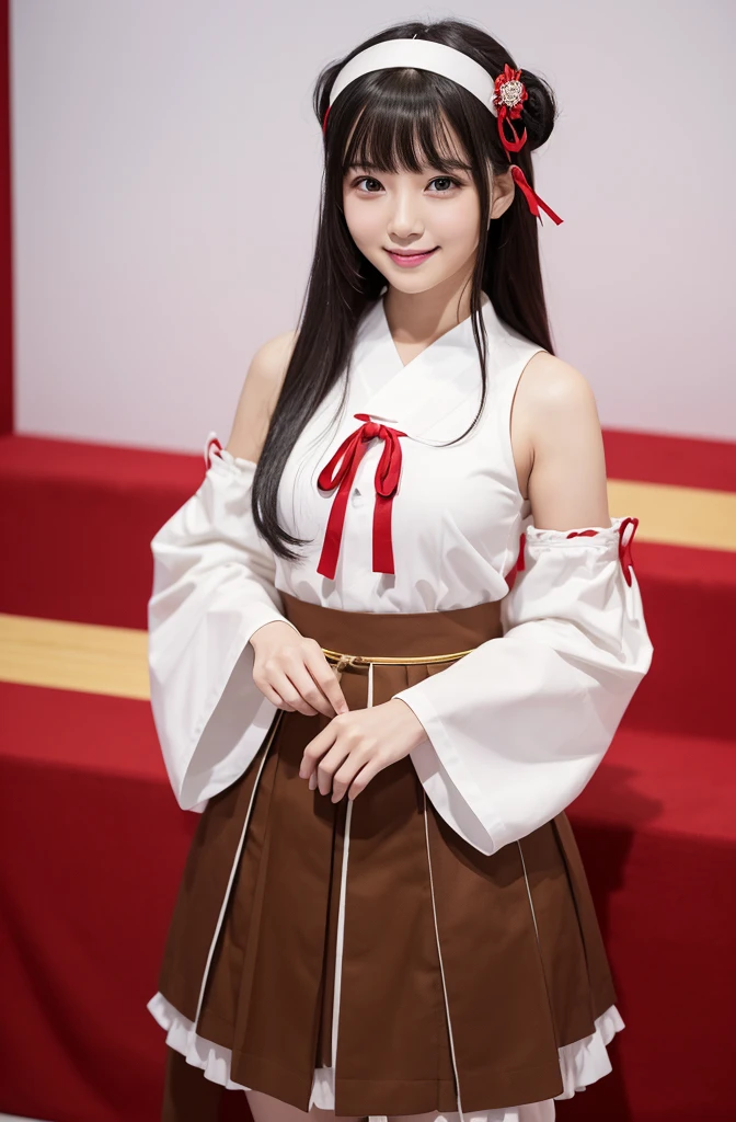 Highest quality, masterpiece, High resolution, 一人in, {Aaron_Kantai Collection:1.15}, black_hair, length_hair, hair_ornament, hairband, brown_eye, hairclip, red面, smile, headgear, chest, Non-traditional_Shrine maiden, hair_between_eye, One Girl, independent_sleeve, Japanese_Clothes, Looking_in_audience, red_skirt, ribbon-trimmed_sleeve, ribbon_trim, skirt, just_shoulder, Simple_background, white_background, Open_mouth, sarashi, wide_sleeve, ((オフィスbackground, リビングbackground))