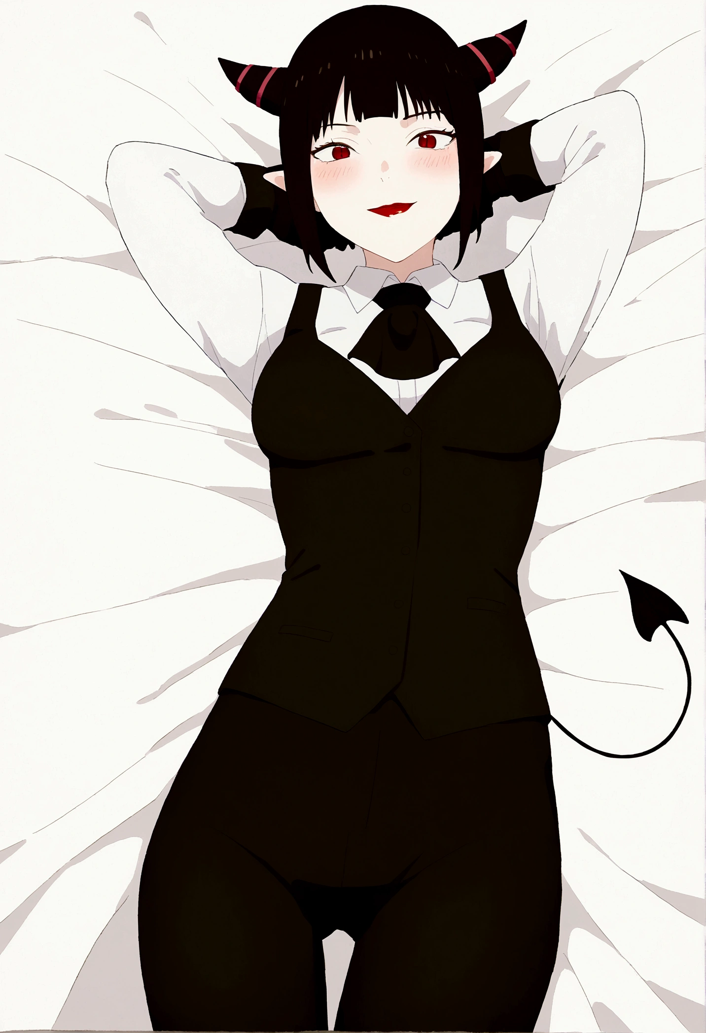 juri han,work of art, best qualityer, high resolution, 1girl horns short hair demon tail, white shirt black ascot black gloves black pants black vest lying on your back, sheet, arms behind the head,blushed,face red,cos,ssmile,background red