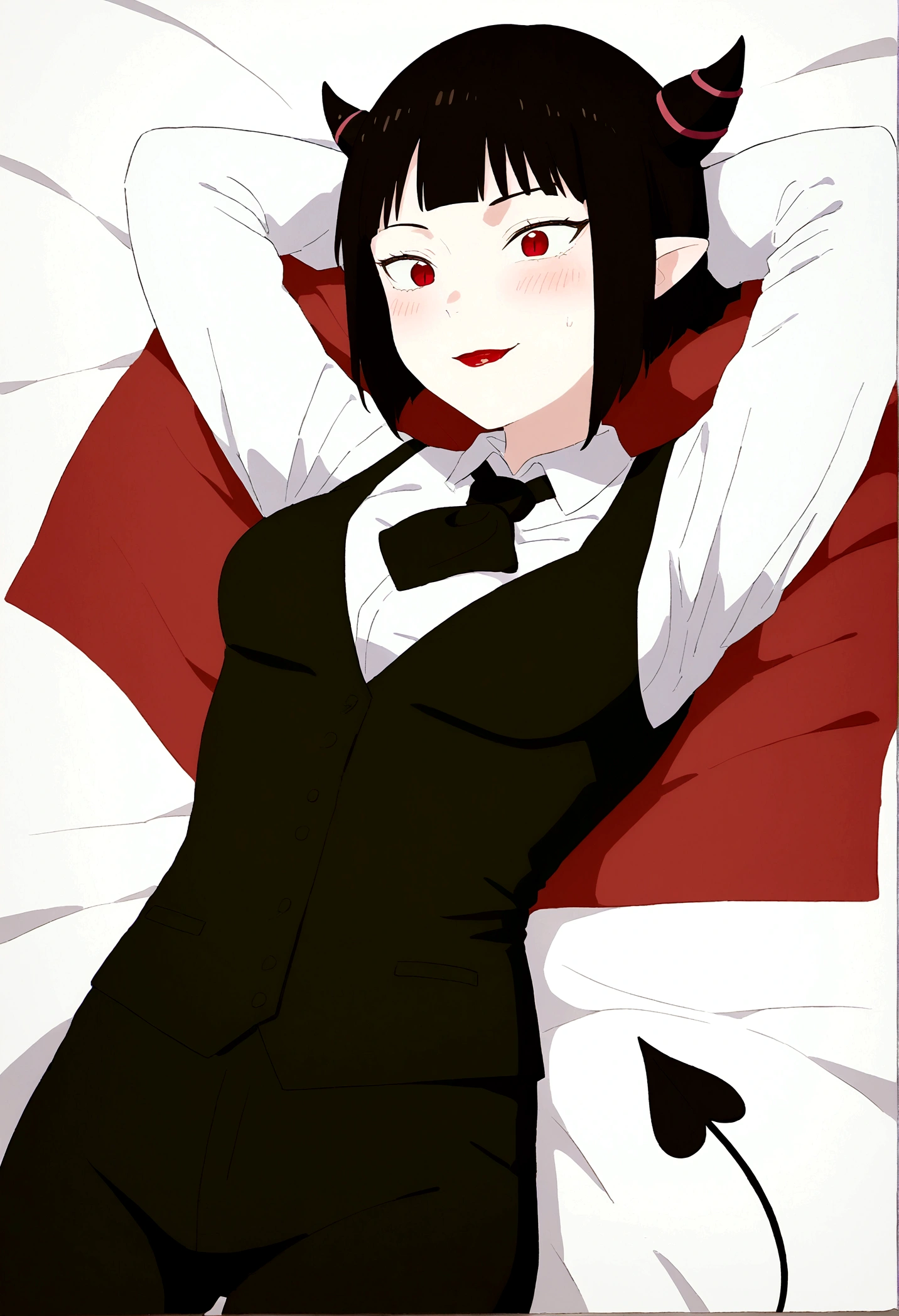 juri han,work of art, best qualityer, high resolution, 1girl horns short hair demon tail, white shirt black ascot black gloves black pants black vest lying on your back, sheet, arms behind the head,blushed,face red,cos,ssmile,background red