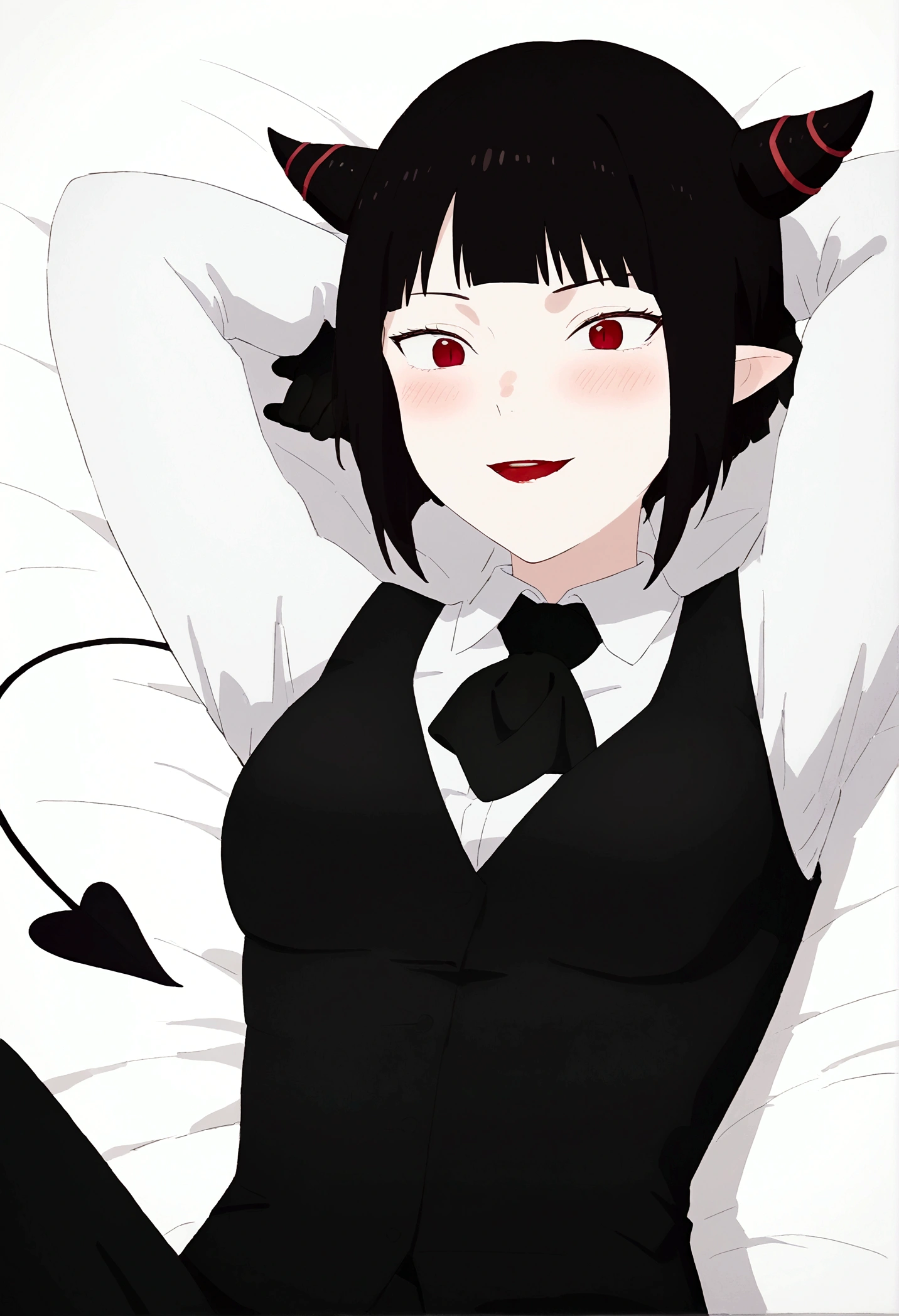 juri han,work of art, best qualityer, high resolution, 1girl horns short hair demon tail, white shirt black ascot black gloves black pants black vest lying on your back, sheet, arms behind the head,blushed,face red,cos,ssmile,background red