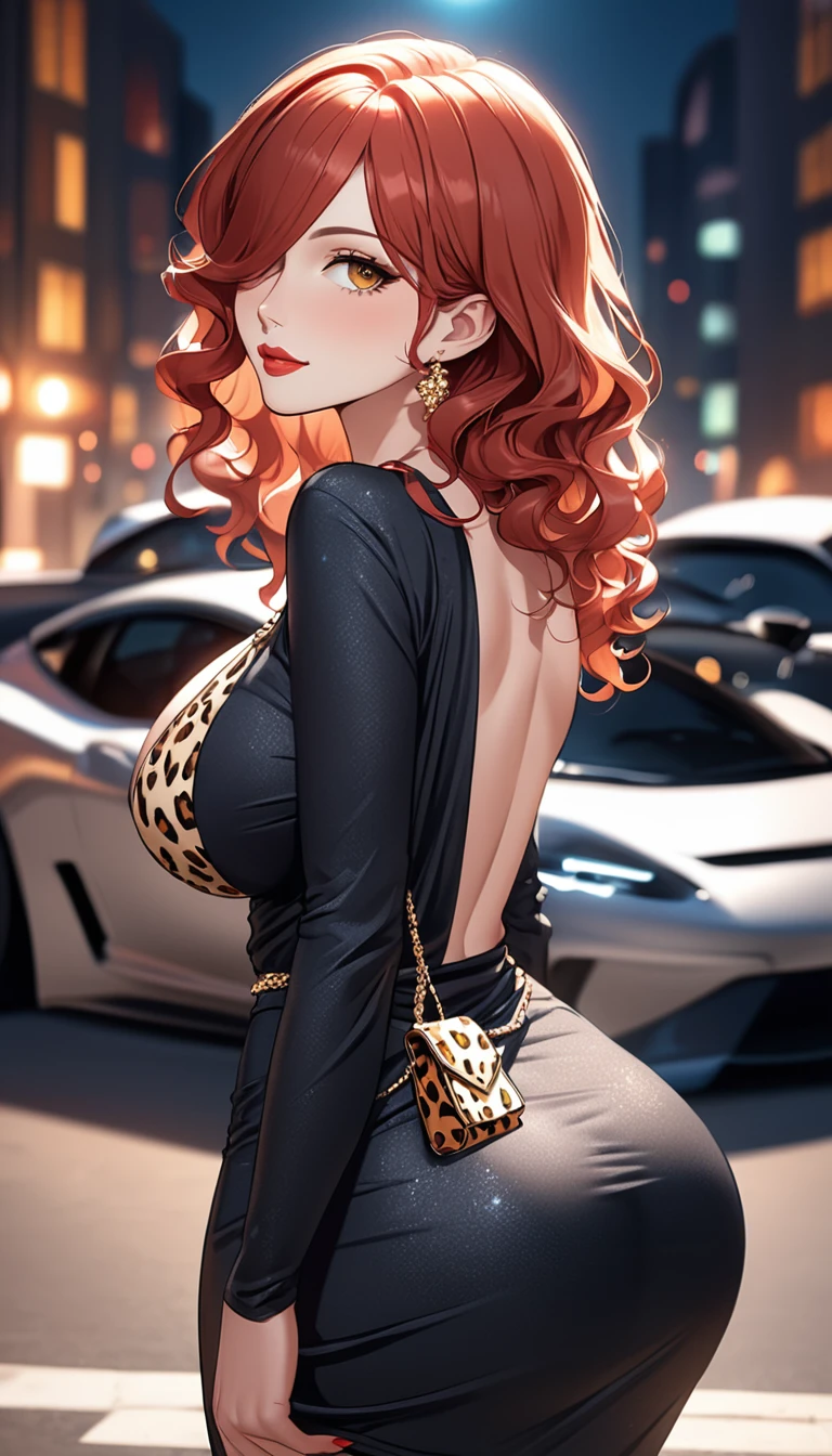 (((masterpiece))),(((High resolution)))、(((8K quality)))、(((Perfect Face)))、((Top quality eyes)), Attractive 40 year old woman, Anime Style、Too many bangs、Wavy Hair, Medium Hair, ((hair over one eye)), Redhead, Small eyes, Brown eyes, Beautiful Eyes、red and thick lips、Big Breasts、Big Ass、night、Cleavage、Very beautiful face、cowboy shot, A dry look with a leopard print bag and a black dress. Add a touch of glamor with gold accessories, Natural smile、Standing next to a luxury sports car、noon、Sexy pose、Shallow depth of field、