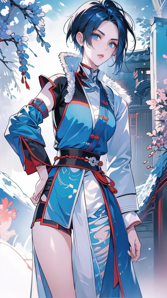Masterpiece, Best quality, 1 Ji Ruxue, the expression is cold, strong, blue eyes, short hair, wolfcut hairstyle, smoky mix blue color hair, resolute eyes, red lips, simple Taoist Taoist uniform, Chinese mix morden, frontal photo, black or white background, simple background, anime, illustration, Chinese style short-sleeved shirt, cool girl, Full body frontal photo, full HD, chibi