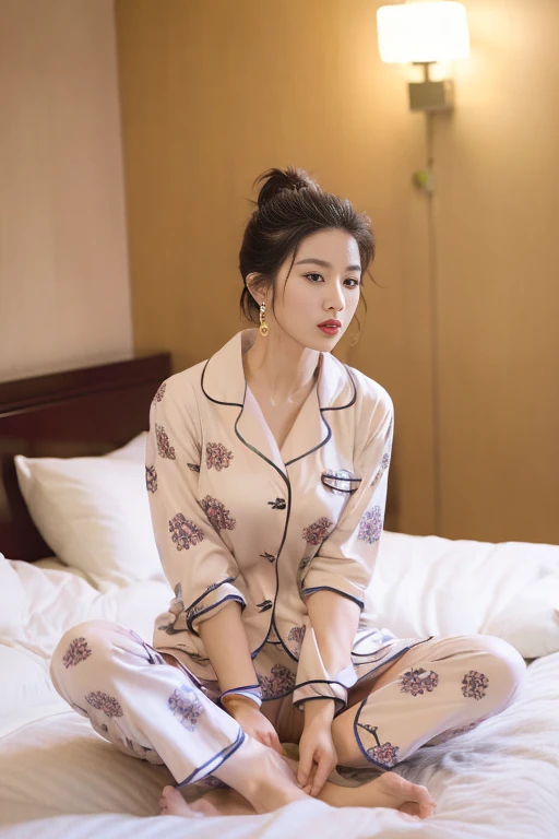 top Quority,Ultra-clear resolution, ((Beautiful Chinese aunt). Body. Sexy. Slim. Thin. Captivating. Make-up face. Ombre lipstick. Messy Bun. (Earrings-Earrings).
((Micro panties)), ((breasted button-up. pajama sleep shirt)), long legs_full body. Pose.erotic. sit down. On bed
