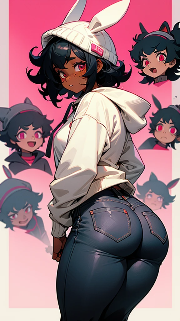 a tomboy lesbian girl with almost black skin. with puffy curly black hair and crimson eyes and freckles. wearing a small pink rabbits ears beanie on her head a white hoodie that says "Bite me or fuck me" on the front. she has black jeans on. she has medium size a round butt and very thick plump thighs. A big highschool behind her as she has her hands in her hoodie Pocket