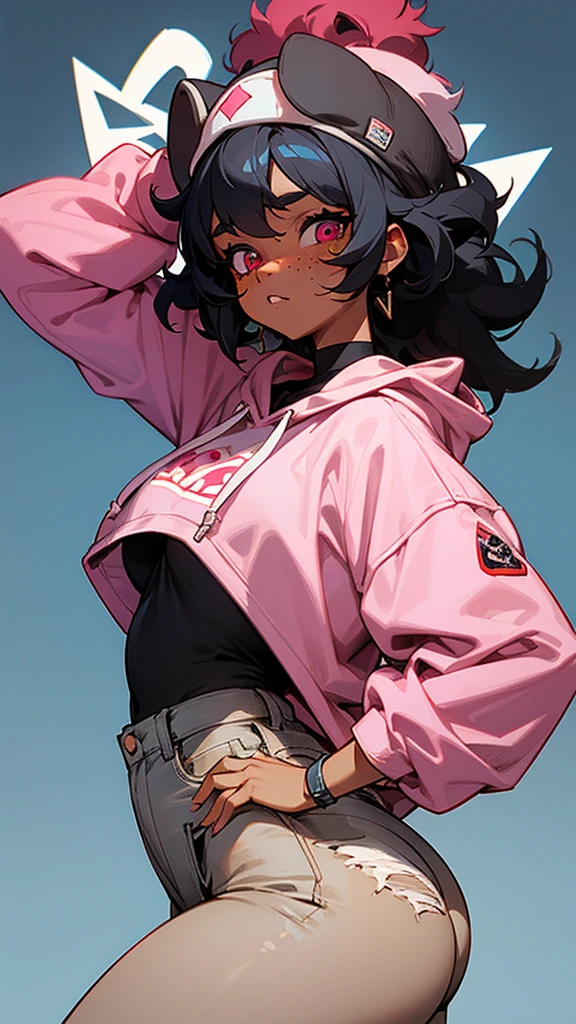 a tomboy lesbian girl with almost black skin. with puffy curly black hair and crimson eyes and freckles. wearing a small pink rabbits ears beanie on her head a white hoodie that says "Bite me or fuck me" on the front. she has black jeans on. she has medium size a round butt and very thick plump thighs. A big highschool behind her as she has her hands in her hoodie Pocket