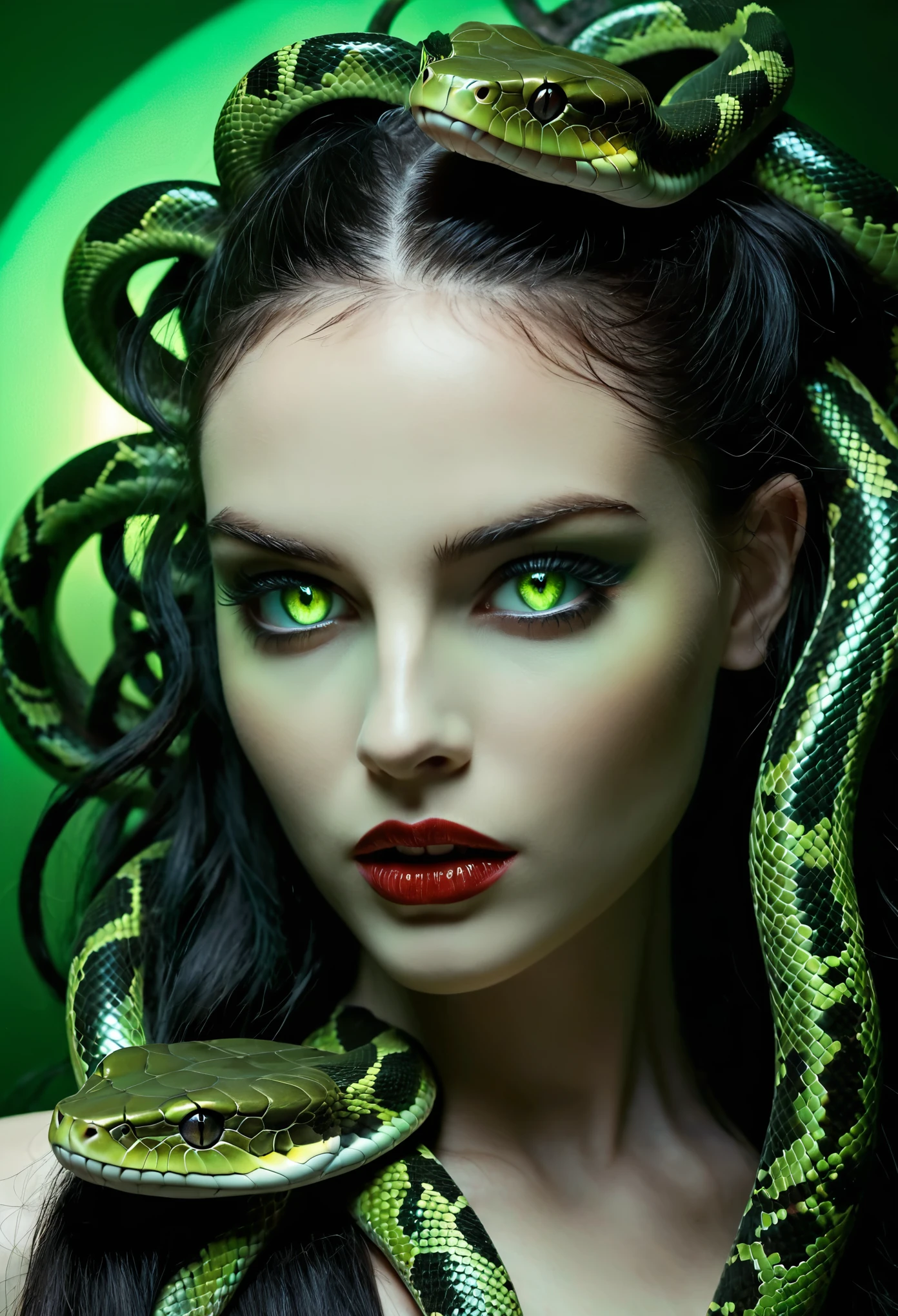 Medusa Gorgon in Gothic style, (Her hair is composed entirely of writhing, venomous snakes, each one with glistening scales and eyes that burn with a malevolent glow:1.5), The snakes are alive, constantly moving and hissing, adding a dynamic, almost hypnotic quality to her appearance. (A dark aura rising from her entire body:1.4), full lips painted a deep crimson, and piercing eyes that glow with an otherworldly green light. Her skin is a pale, almost ethereal white, smooth and flawless but with a slight shimmer that gives her an unearthly quality. (She is half French, and is a stunning beauty with detailed eyes and a high nose:1.1), thick eyebrows, detailed facial features, long graceful neck