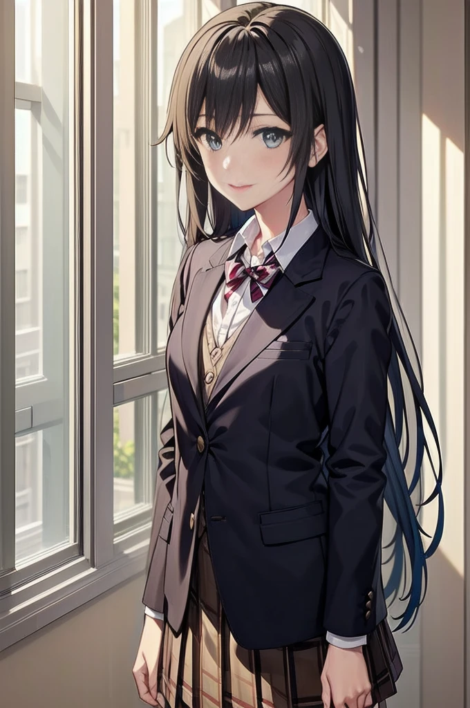 Anime girl in suit and tie standing in front of the window, anime moe artstyle, Nagatoru, smooth anime cg art, Beautiful girl in high school anime, official character art, anime visual of cute girl, Visual novel visual key, marin kitagawa fanart, Magic school uniform for students, formal art, attractive anime girl, CG visual novel