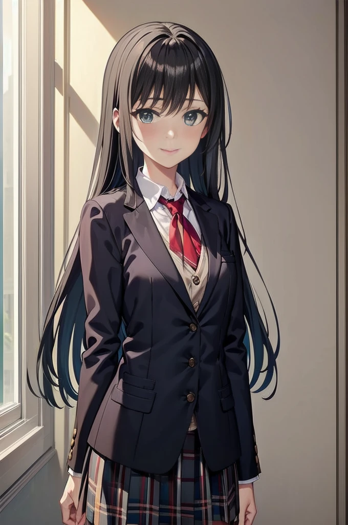 Anime girl in suit and tie standing in front of the window, anime moe artstyle, Nagatoru, smooth anime cg art, Beautiful girl in high school anime, official character art, anime visual of cute girl, Visual novel visual key, marin kitagawa fanart, Magic school uniform for students, formal art, attractive anime girl, CG visual novel