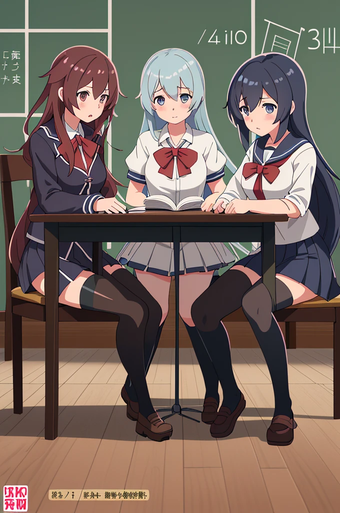 three girls in school uniforms are sitting at a table with books, anime girls, Kantai Collection Style, Type, front line girls style, fine details. front line girls, best anime wallpaper 4k konachan, high school girls, epic light novel art cover, visual novel key visual, guweiz and pixiv artstation, official art book, detailed digital anime art