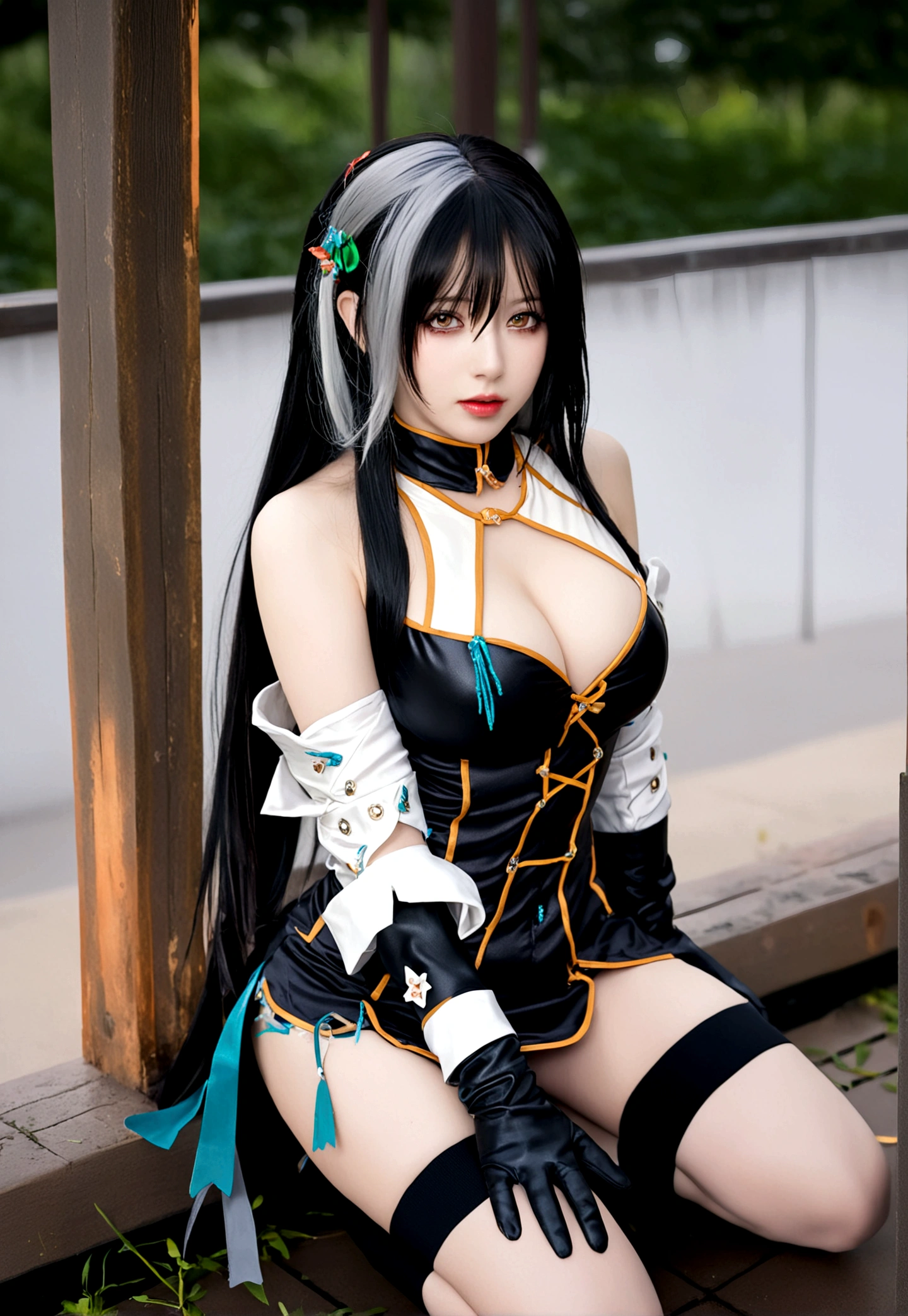 1girl, solo, long hair, , looking at viewer, black hair, hair ornament, gloves, dress, cleavag hair, multicolored hair, black gloves, fingerless gloves, streaked hair, grey eyes, cosplay, kneeling, thigh strap