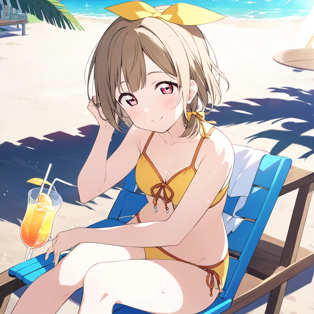 Kasumi Nakasu Yellow-brown hair Very Short Hair Short Bob Straight Hair Head ribbon Red Eye Yellow Bikini Beach Drink a drink Strong sunlight sun Sweaty LoveLive smile Sit on a bench smile