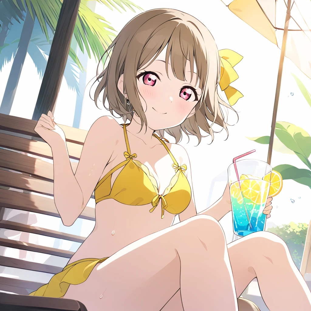 Kasumi Nakasu Yellow-brown hair Very Short Hair Short Bob Straight Hair Head ribbon Red Eye Yellow Bikini Beach Drink a drink Strong sunlight sun Sweaty LoveLive smile Sit on a bench smile