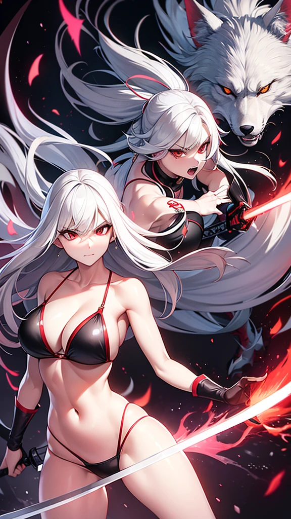 An adult woman, half fox and wolf, white hair, red eyes, wide breasts, very angry, standing, in a bikini, holding a sword