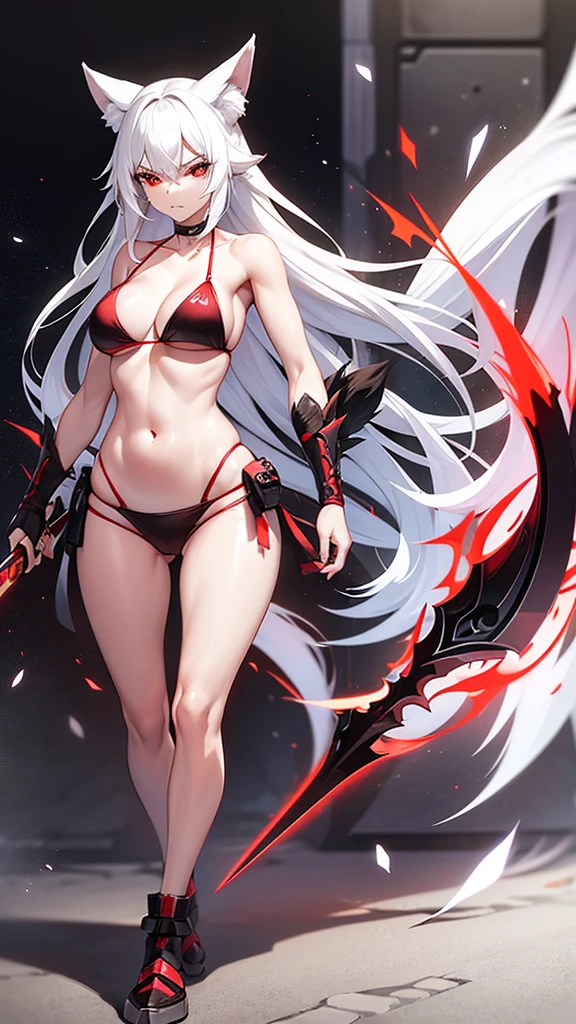 An adult woman, half fox and wolf, white hair, red eyes, wide breasts, very angry, standing, in a bikini, holding a sword
