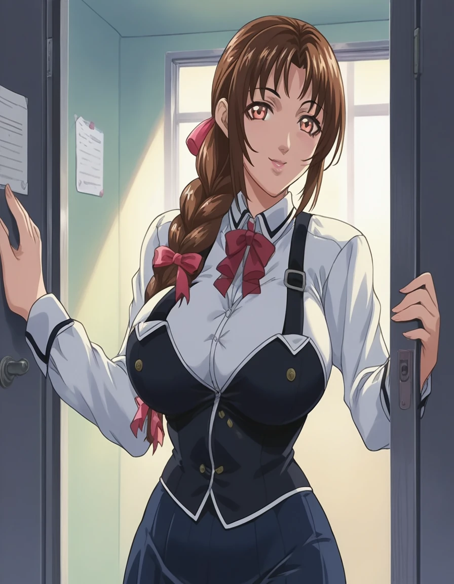 score_9, score_8_up, source_anime Bibl3, cute girl, brown hair, twin braid hair, hair ornament, hair ribbon, school skirt, huge breasts, heavy breasts, breast expansion, full lips, vivid lips, wide hips, thick thighs, viewed from front, doorway of school office, soft smile, innocent expression, face focus, looking at viewer, raised eyebrows, detailed eyes, detailed face, pretty woman, morning