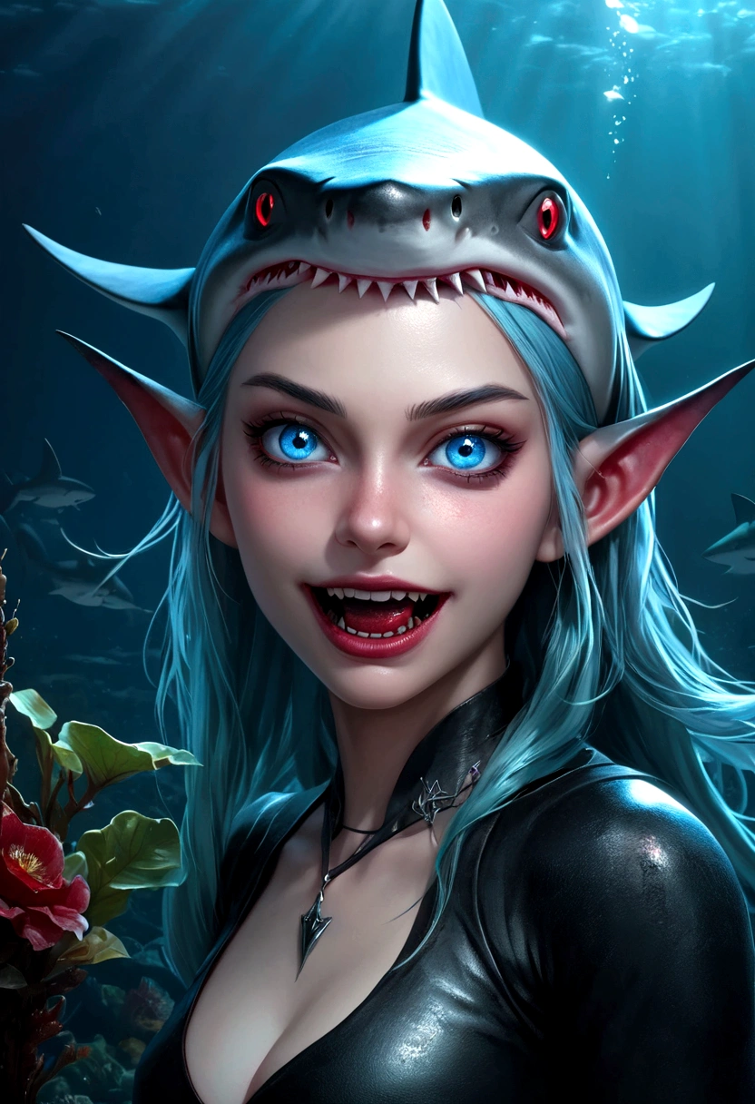 Fantasy Undersea,Shark Elf Girl,blue eyes,Sharp Fangs,Shark fin feature on back,look back,Blood stains at the corners of mouth,fierce,close up,Gothic Art,Dark Wind,Dilapidated cabin of a sunken ship,Zombie style,Alternative