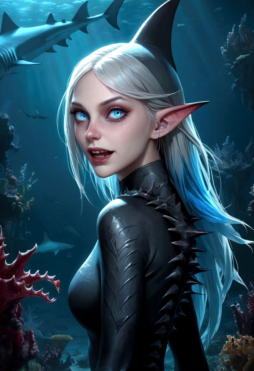 Fantasy Undersea,Shark Elf Girl,blue eyes,Sharp Fangs,Shark fin feature on back,look back,Blood stains at the corners of mouth,fierce,close up,Gothic Art,Dark Wind,Dilapidated cabin of a sunken ship