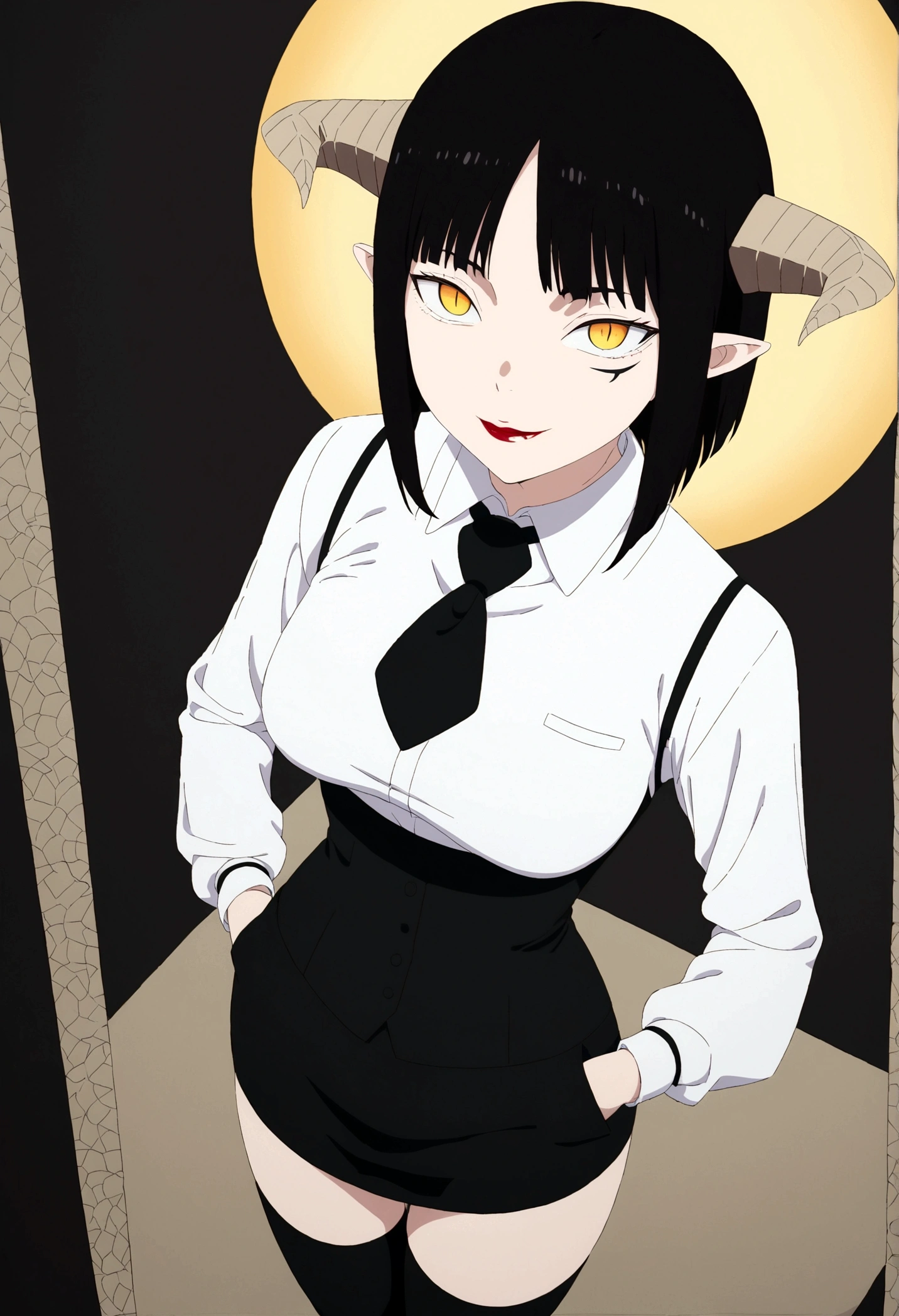 ,hands in pocket,work of art, tight white secretary shirt with black tie, black high waist skirt, short skirt,stocking, black hair, black tightscary sun,office,bangs on the eyes,lighting,horn of hair,view from above,evil smile,linda,staring overhead